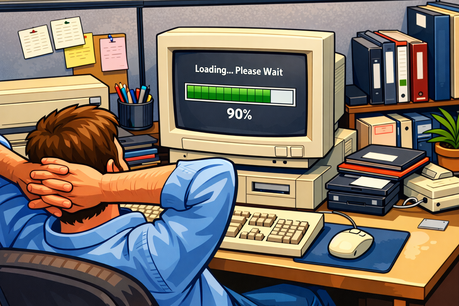 A retro tech worker leaning back while a green progress bar crawls across a 90s CRT screen
